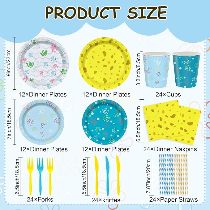 168PCS Cartoon Ocean Themed Birthday Party Supplies | Yellow Undersea Dinnerware Set Serves 24 Guests | Disposable Plates Cups Napkins Cutlery Straws for Kids Boys Girls Birthday Decorations