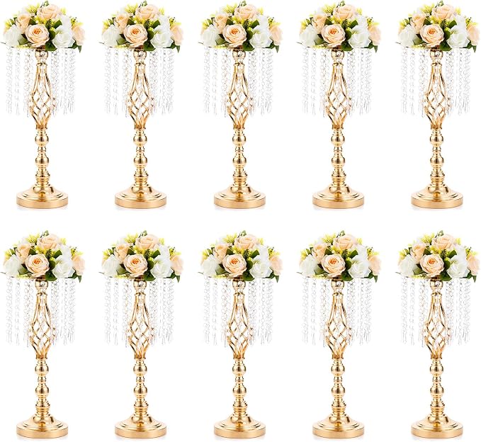 10 Pcs 19.3 inches Tall Crystal Flower Stand Wedding Road Lead Tall Flower Holders Centerpiece Crystal Flower Chandelier Metal Flower Vase for Reception Tables Wedding Supplies