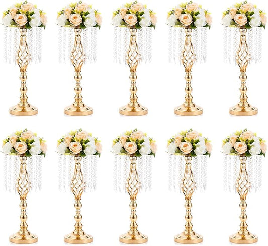 10 Pcs 19.3 inches Tall Crystal Flower Stand Wedding Road Lead Tall Flower Holders Centerpiece Crystal Flower Chandelier Metal Flower Vase for Reception Tables Wedding Supplies