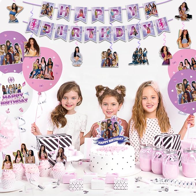 Birthday Party Decorations, Purple Pink Party Supplies Set with Happy Birthday Banner, Backdrop, Balloons, Hanging Swirls Cake Toppers and Cupcake Toppers for Fans Birthday Party