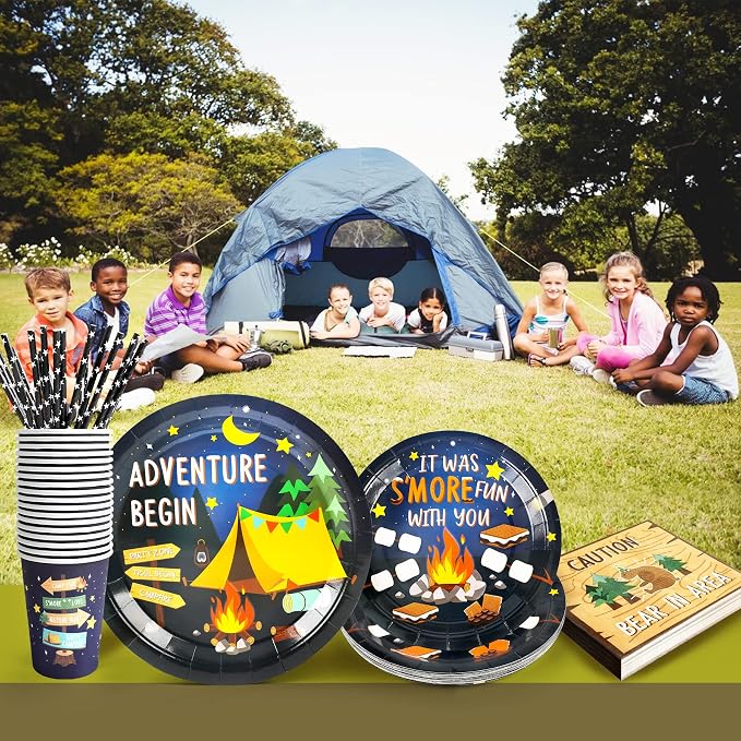 Recheel Camping Party Supplies Decorations, Campfire Hiking Camper Theme Birthday Paper Plates and Napkins Set with Cups and Straws for 24 Guests, 120 Pcs Disposable Party Snack Dinnerwares