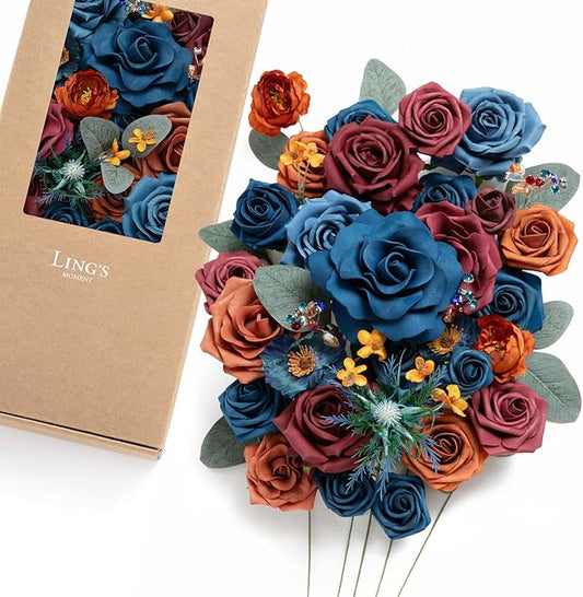 Ling's moment Fake Flowers Box, Faux Artificial Greenery Stems Foam Roses Silk Peony Eucalyptus Poppy Fabic Flower for Centerpieces Bouquet Wedding Floral Vase, Mandarin & Royal Blue, Deluxe Combo
