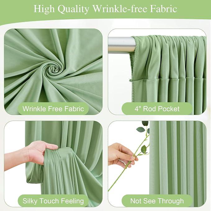 20x10FT Sage Green Backdrop Curtains with Lights for Parties,Wrinkle Free Wedding Photo Backdrop Curtains for Baby Shower Birthday Ceremony Reception Home Party Decorations-5ft x 10ft,4 Panels