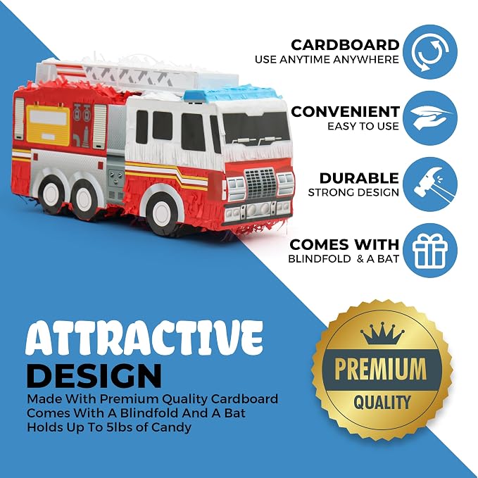 Small Fire Truck Pinatas Bundle with a Blindfold and Bat(16.1x8x5.1 Inches), Perfect for Firetruck Birthday Decorations, Boys Birthday Party Supplies