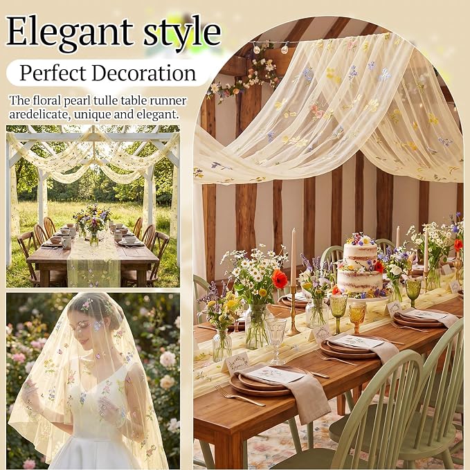 Lounsweer 3 Pcs Yellow Wildflower Table Runner 10ft Embroidery Tulle Spring Floral Table Runner Seasonal Summer Butterfly Kitchen Dining Gauze Decoration for Wedding Baby Shower Birthday Party