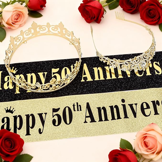 50th Anniversary Decorations Gold Crown and Glitter Sash Set 50th Wedding Anniversary Decorations Gifts for Couple Happy Anniversary Party Supplies for Couple