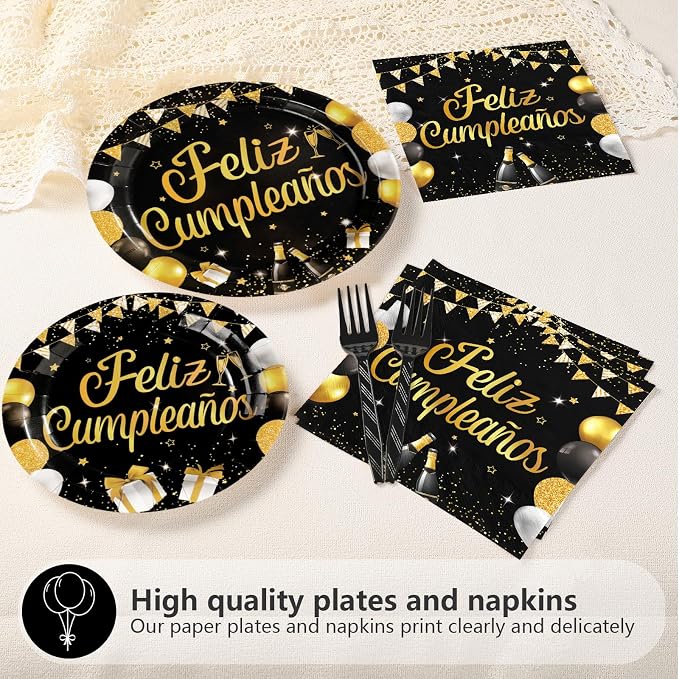 96Pcs Feliz Cumpleaños Decoration Black and Gold Plates and Napkins Feliz Cumpleaños Happy Birthday Tableware Set for Men Women Spanish Black and Gold Birthday Party Supplies Serves 24