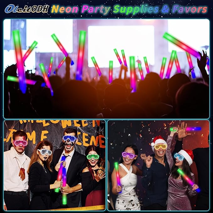 Oleitodh Glow in the Dark Party Supplies Set Bulk Neon Party Favor Toys Includes 30 Led Light up Glasses 10 Color 30 Light up Foam Sticks Bulk for Disco Wedding Birthday Concert Halloween Raves Party