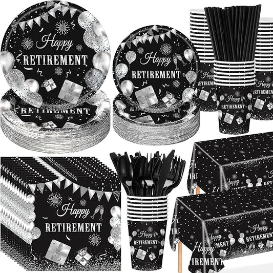 Funnymoom 452 Pcs Retirement Party Decorations Supplies Set Include Black and Silver Retirement Paper Plates Napkins Cups Tablecloth Cutlery Straws for Men Women Say Goodbye Party