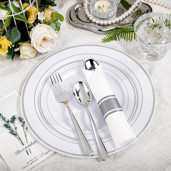 WELLIFE 350Pcs Silver Plastic Plates for 50 Guests - Disposable Dinnerware Set, Party Supplies Includes 100 Silver plates,150 Silverware,50 Napkins,50 Cups, Plastic Plates for Party and Wedding