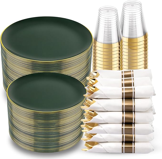 KIRE 350PCS Green Plates Disposable - Heavy Duty Green and Gold Plates - 50Guest Include Green Plastic Dinnerware - Pro Rolled Napkins with Gold Silverware and Cups for St. Patrick's Day&Party