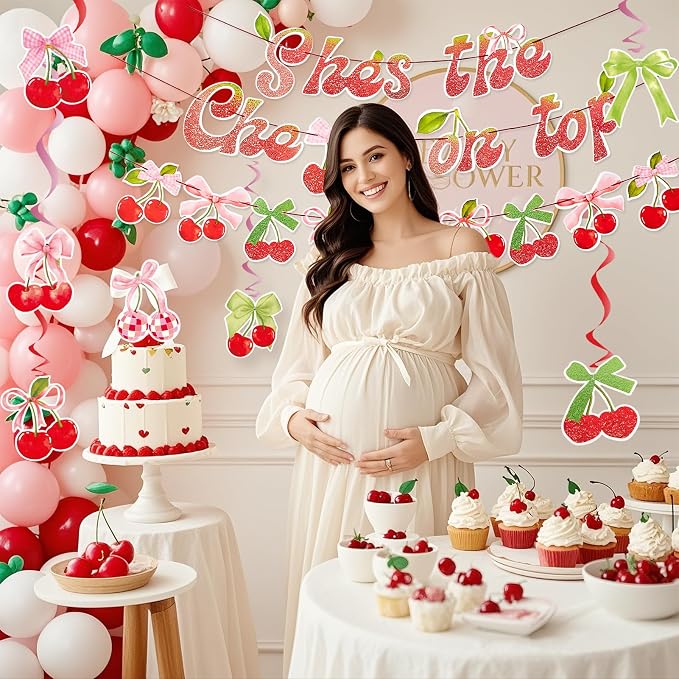 SUNBEAUTY Cherry Party Decorations Cherry On Top Baby Shower Decorations Cherry and Bow Hanging Banner for Birthday Bachelorette Bridal Shower Wedding Party Supplies