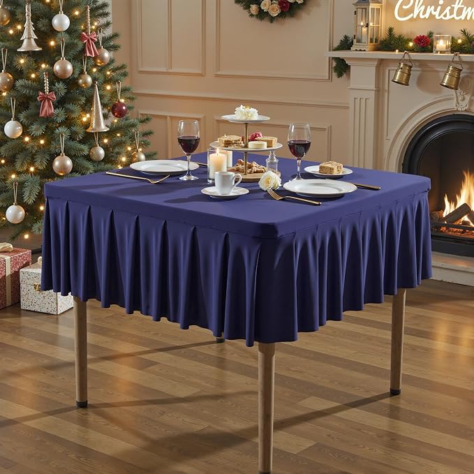 Wish Care Navy Blue Spandex Tablecloths for 54x54 Inch Square Tables, Stretch Fitted Table Clothes with Pleated Ruffle Skirt for 54” Table, Wrinkle Free and Elastic, for Party Kitchen Home Dining