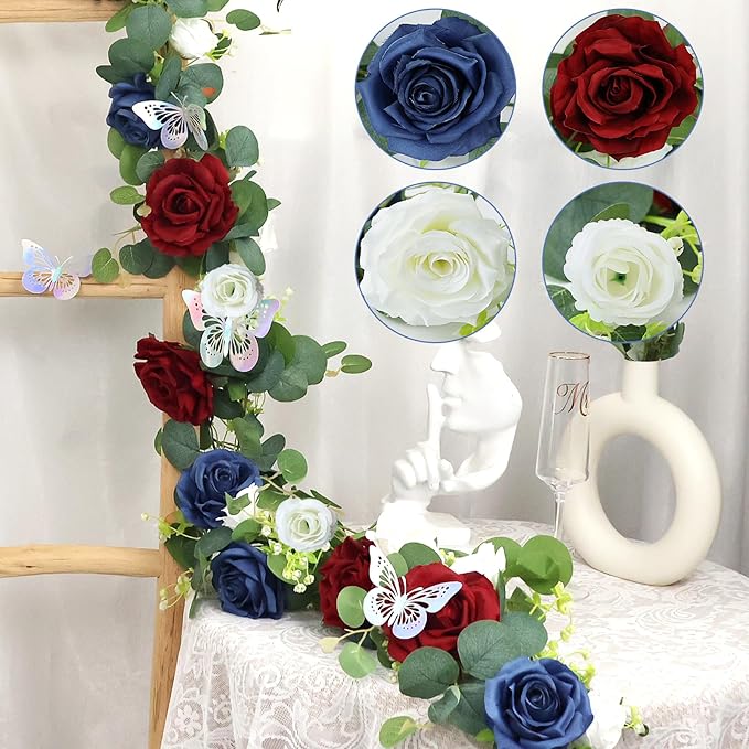 12FT Artificial Eucalyptus Flower Garland with Butterflies - Pack of 2 Fake Rose Faux Greenery Eucalyptus Garlands for Wedding Table Backdrop Centerpieces Decorations - Navy Blue & Burgundy& White