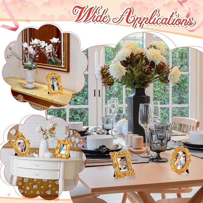 Maitys 50 Pcs Mini Picture Vintage Frames with Stands Tiny Antique Photo Baroque Ornate Resin Oval Frame Table Top Display Home Wedding Decor (Gold)