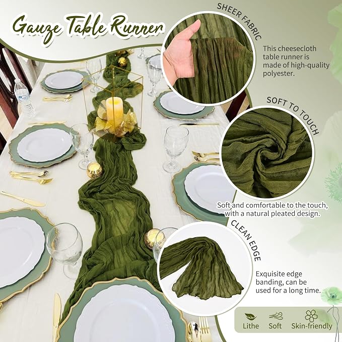 4 Pack Olive Green Cheesecloth Table Runner 17 x 108 inch Boho Gauze Table Runner Rustic Sheer Cheese Cloth Table Decorations for Wedding Party Baby Bridal Shower Birthday Holiday HOM