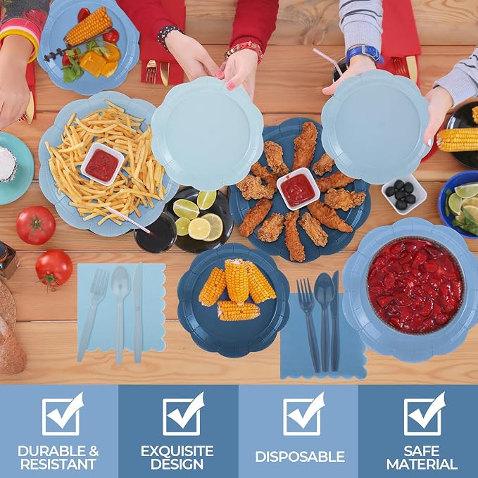 Qinyoung 388 Pcs Dusty Blue Plates and Napkins Party Supplies Tableware Include Disposable Scalloped Plate Paper Napkin Cup Plastic Cutlery for Baby Shower Party Wedding Birthday, 48 Sets