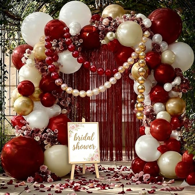 Red White Gold Balloon Arch Double Stuffed Burgundy Pearl White Sand Gold Balloon Garland Kit Red Linking Balloons Fringe Curtain for Birthday Bridal Shower Mother's Day Wedding Engagement Party Decor