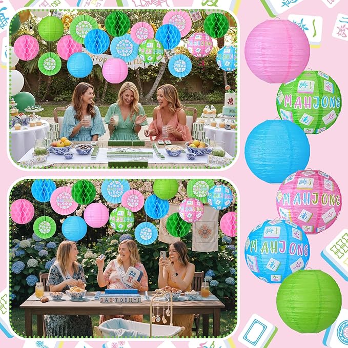 Retisee 18 Pcs Mahjong Party Decorations Mahj Hanging Paper Lanterns Honeycomb Fans Honeycomb Ball for Game Night Mahjong Night Celebrations Party Supplies