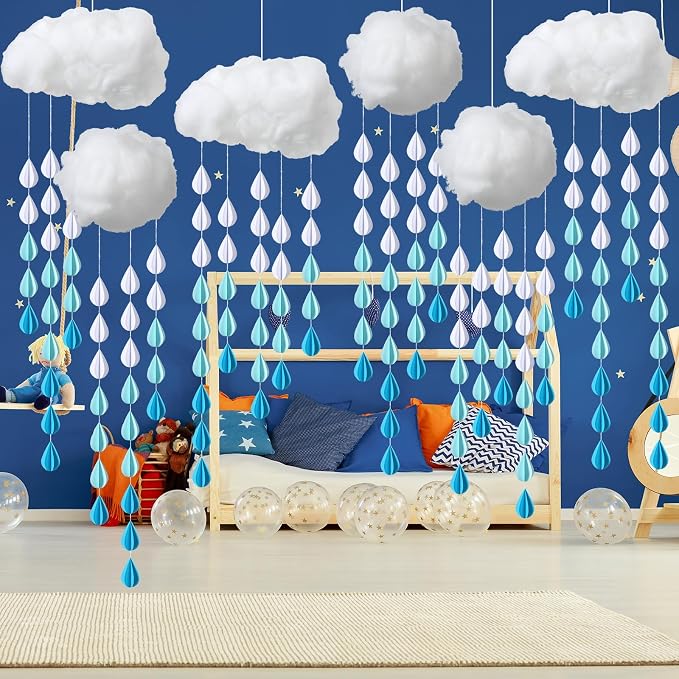 Amyhill 30 Pcs Artificial Cloud Raindrop Props 6 Pcs 3D Fake Clouds 24 Raindrop Garlands Room DIY Decorative Hanging Ornament Blue Hanging Rain Drops Decor for Baby Shower Birthday Wedding Party