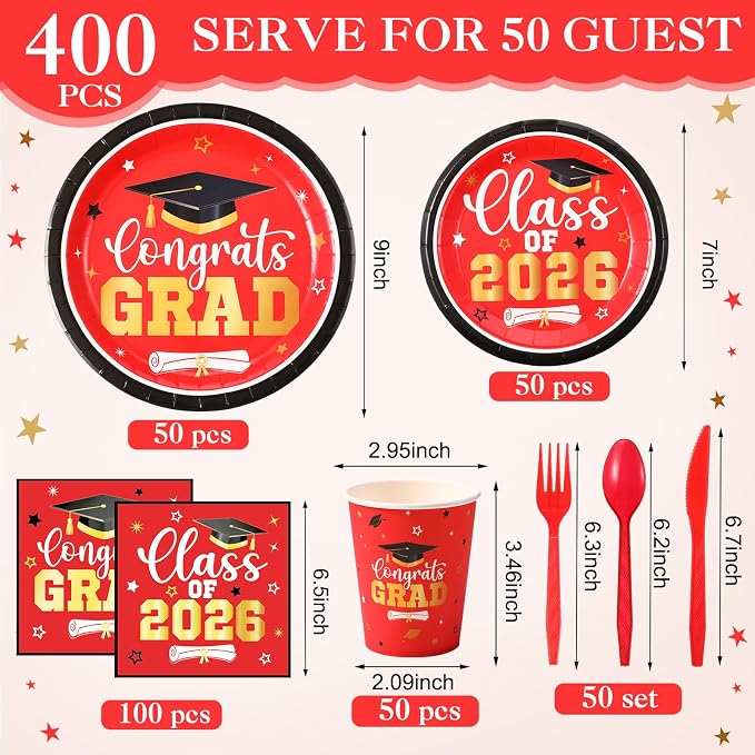 Funnymoom 400 Pcs Graduation Party Supplies Class of 2026 Graduation Paper Plate Napkin Cup Cutlery Congrats Grad Disposable Tableware Set for Grad Party Decorations, Serve 50(Red)