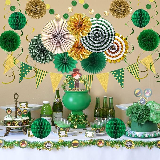 Green Gold Party Decorations, Graduation Season Hanging Glitter Triangle Flags Banner Paper Fan Tissue Pom Poms Garlands, St. Patrick's Day, Bridal Shower, Green Master Golf Themed Birthday