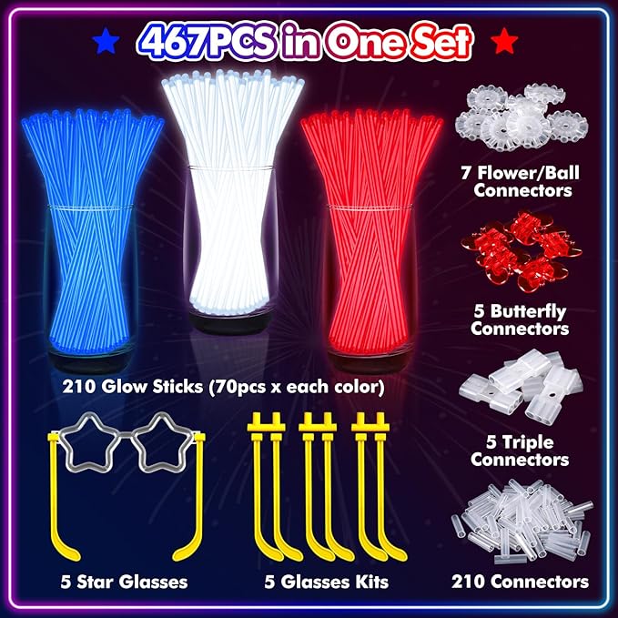 BUDI 467Pcs 4th of July Accessories Glow Sticks: Red White Blue Glow in the Dark Patriotic Party Favors Necklace Bracelets Glasses for Kids Adults 210 GlowSticks 8“ with 257 Connectors Light Up Toys