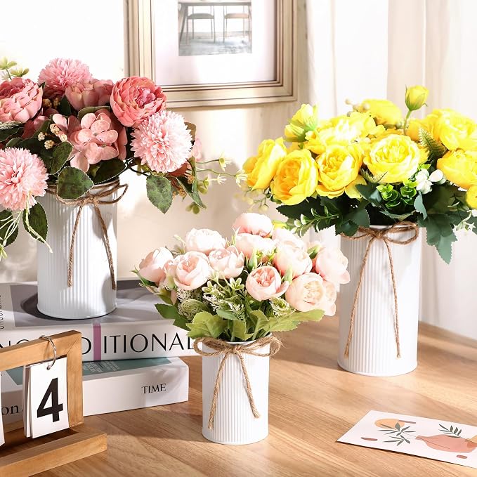 Zonon 3 Pcs Farmhouse Vase Decor with Twine Bow 4.33" Galvanized Flower Bucket 5.91" Metal Pots 7.09" Rustic Decorated Vases for Artificial Flowers Home Table Weddings Decor (White)