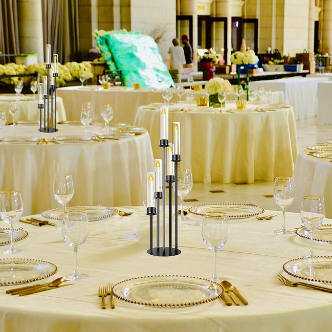 Black Candelabra with Glass Cylinders for Real Candles 5 Head Metal Candle Holder Wedding Centerpiece Ceremony Reception Event Party Home Decoration (2, M)