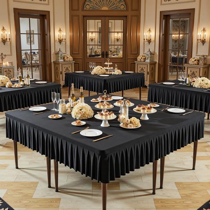 Shillance 54x54 Inch Black Spandex Square Tablecloth 2 Pack,Wrinkle Free Black Fitted Table Cloth for Square Tables,Washable Pleated Table Cover for Wedding Birthday Cocktail Party Buffet Dinner
