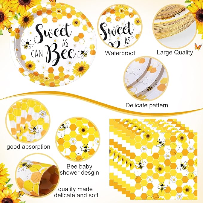 Funnymoom 200 Pcs Honey Bee Party Supplies Sweet as Can Bee Disposable Paper Dinner Plates Dessert Plates Napkins for Baby Shower Birthday Gender Reveal Party Decoration Serves 50 Guests