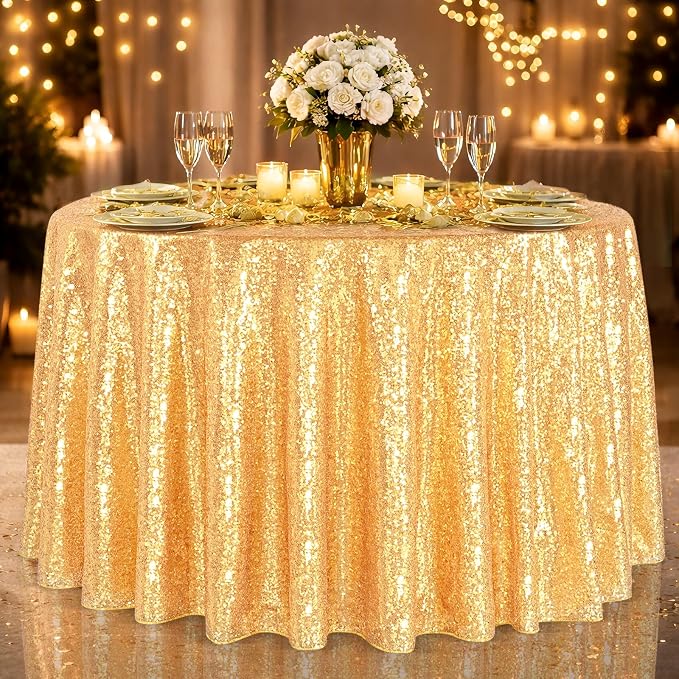 B-COOL Gold Round Tablecloth Party Decorations: 132 Inch Table Cloth Large Sequin Fabric Overlay for Indoor Outdoor Dining Parties Graduation Christmas