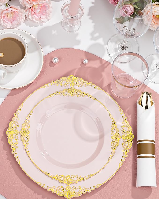 Nervure 700PCS Pink Gold Plastic Plates - Pink Plastic Dinnerware Sets for 100 Guests - 200 Disposable Plates, 300 Silverware, 100 Cups, 100 Napkins for Wedding, Party & Mothers Day