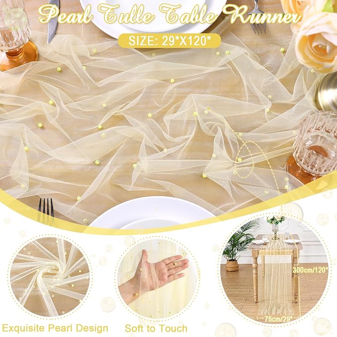 Pearl Gauze Table Runner Tulle Fabric: 10ft Seasonal Dessert Chiffon Pearl Lace Boho Overlay Wedding Veil Outdoor Wedding Aisle Runner Party Decorations Doilies, Light Yellow