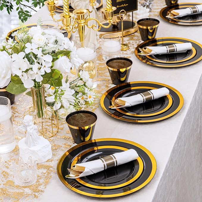 YOUBET 350PCS Black and Gold Plastic Plates - Gold Disposable Dinnerware Sets for 50 Guests - 100 Plastic Plates, 150 Gold Silverware, 50 Cups, 50 Pre Rolled Napkins for Party & Wedding Graduation