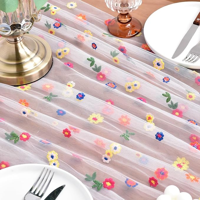 Joanlody 3pcs Ivory Summer Flower Table Runner 10ft Embroidery Daisy Floral Seasonal Tulle Table Runner for Home Garden Tea Party Holiday Birthday Decoration