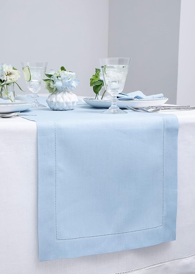 Solino Home Linen Sky Blue Table Runner 60 Inches - Classic Hemstitch, 100% Pure Linen Coffee Table Runner 14 x 60 Inch Ideal for Dresser Tables - Spring, Summer, Mothers Day