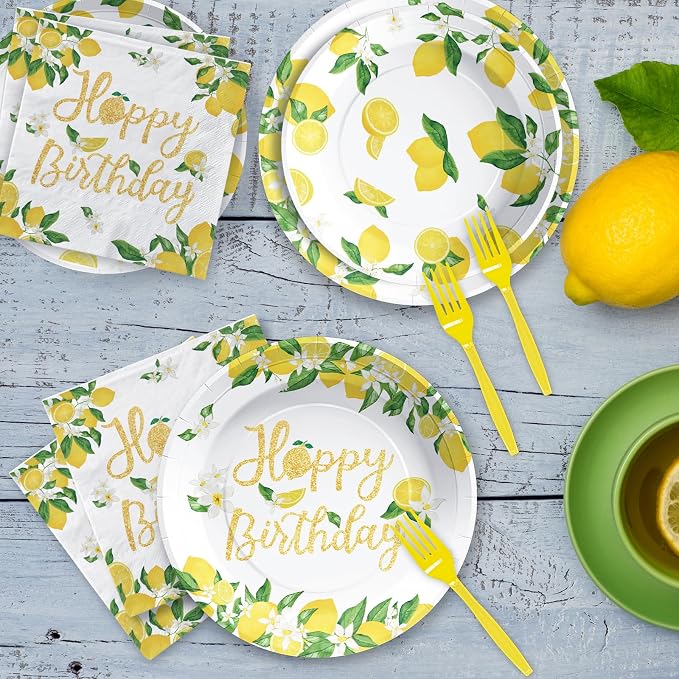 96Pcs Lemon Birthday Decorations Freshly Graduated Party Plates and Napkins Tableware Sets Lemonade Graduation Party Decorations for Summer Lemon Birthday Baby Shower Fruit Theme Supplies Serves 24