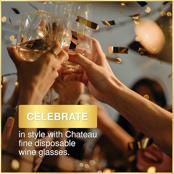 32 Pack Stemless Plastic Wine Glasses Disposable 12 Oz Gold Rim - Shatterproof Recyclable and BPA-Free, Stylish Drinkware for all Beverages, Cocktail Parties, Wedding Reception