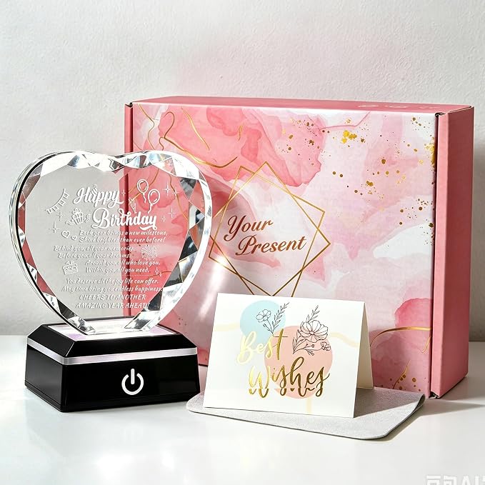 Birthday gift Love crystal with color LED base laser engraving, for husband, wife, mother, father and friends to prepare a unique birthday crystal decoration ideas.