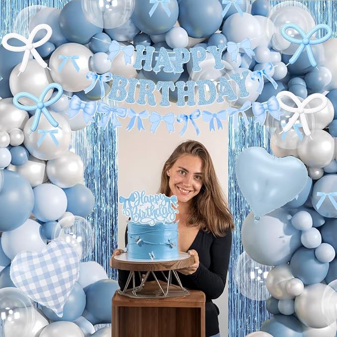 Dusty Blue Bow Birthday Decorations, Coquette Bow Blue White and Clear Balloons with Happy Birthday Banner Fringe Curtain Cake Toppers for Women Girls Baby Shower Party Supplies