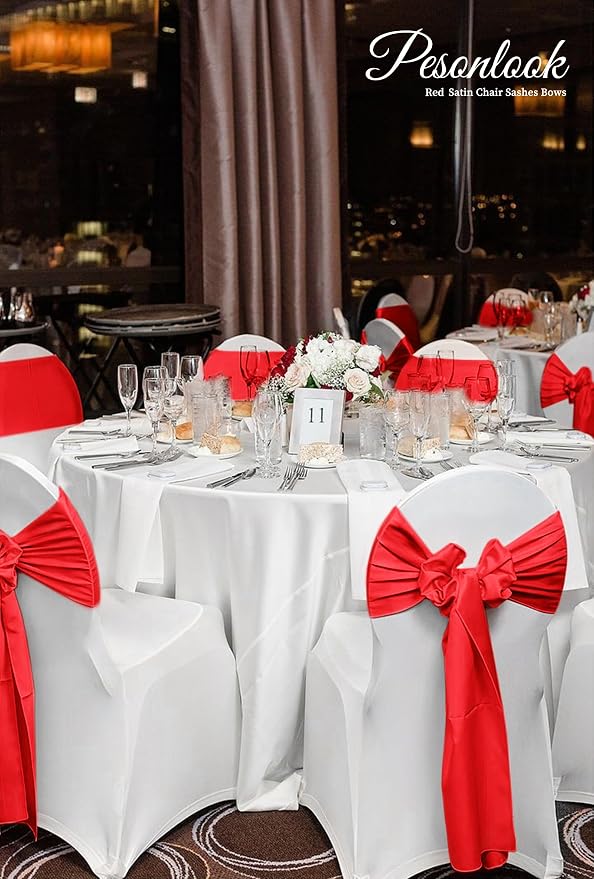 Pesonlook 60 PCS Red Satin Chair Sashes Bows Satin Chair Sashes Universal Chair Cover for Wedding Reception Restaurant Event Decoration Banquet,Party,Hotel Event Decorations (7 x 108 inch)