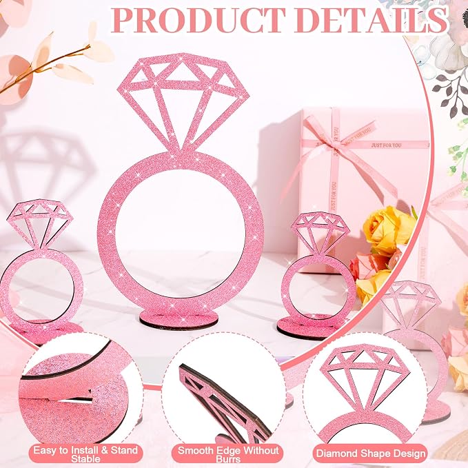 3 PCS Bridal Shower Centerpieces for Tables Diamond Ring Sign Table Centerpieces Pink Glitter Wooden Diamond Ring Sign Decor for Wedding Anniversary Supplies Batcholette Engagement Party
