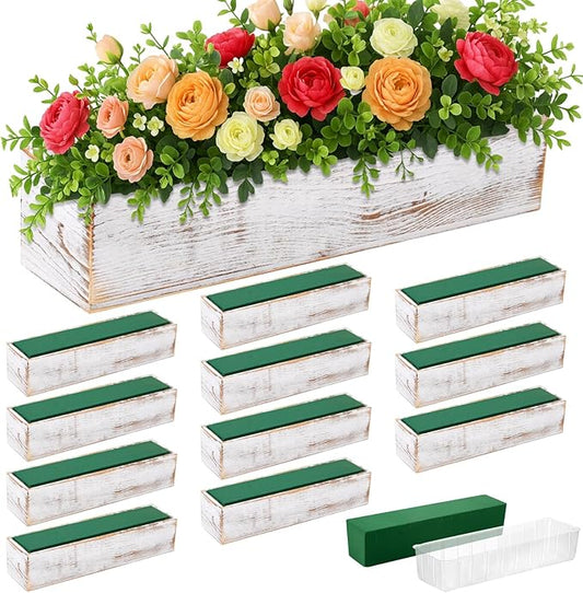 Dandat 12 Set Wood Boxes for Centerpieces 16x4 Inch Rectangle Wooden Planter Rustic Wooden Planters with Removable Plastic Liner Floral Foam Blocks for Christmas Wedding Home Decor(White)