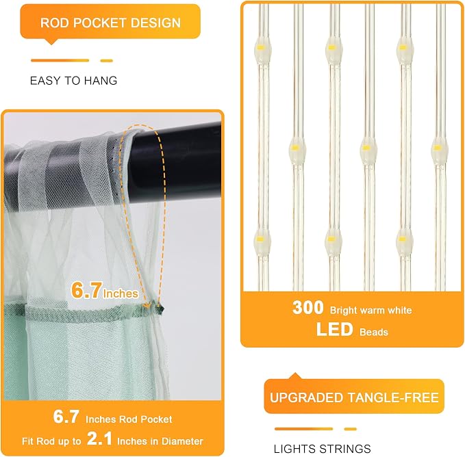 Fomcet Tulle Curtains with Lights String Green 10FT X 10FT Sheer Backdrop Curtains for Parties Wedding Baby Shower Photo Shoot Decorations (2 Panels 5x10FT)