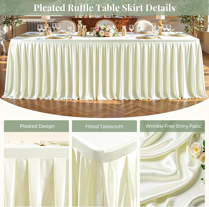 2 Packs Ivory Satin Tablecloths Rectangle 4FT,Glitter Spandex Fitted Stretch Table Covers Wrinkle-Resistant Floor Length Shimmer Pleated Table Skirt for Wedding Parties Baby Shower Banquets