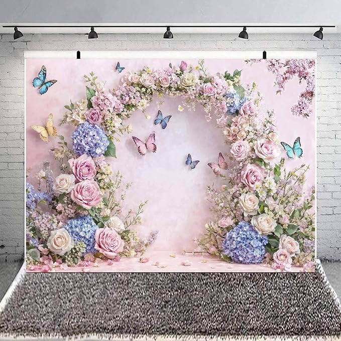 9x6ft Pink Butterfly Floral Backdrop Baby Shower Colorful Flowers Backdrops for Photograph Background Wedding Girl Birthday Table Cake Party Decorations Photo Studio Props