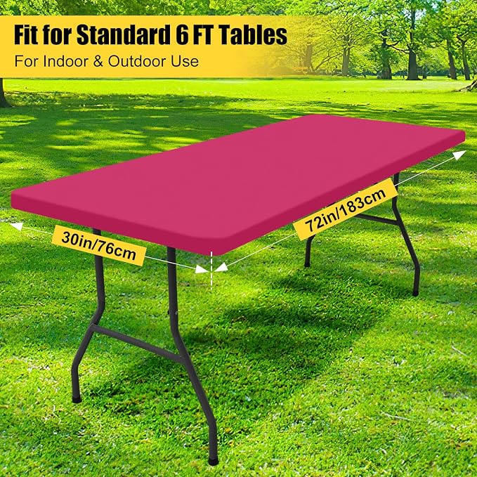 Smiry 4 Pack Rectangle Picnic Table Cloth, Waterproof Elastic Fitted Tablecloths, Washable Polyester Rectangular Patio Table Cover for Camping, Indoor and Outdoor (Fuchsia, 30"x72")