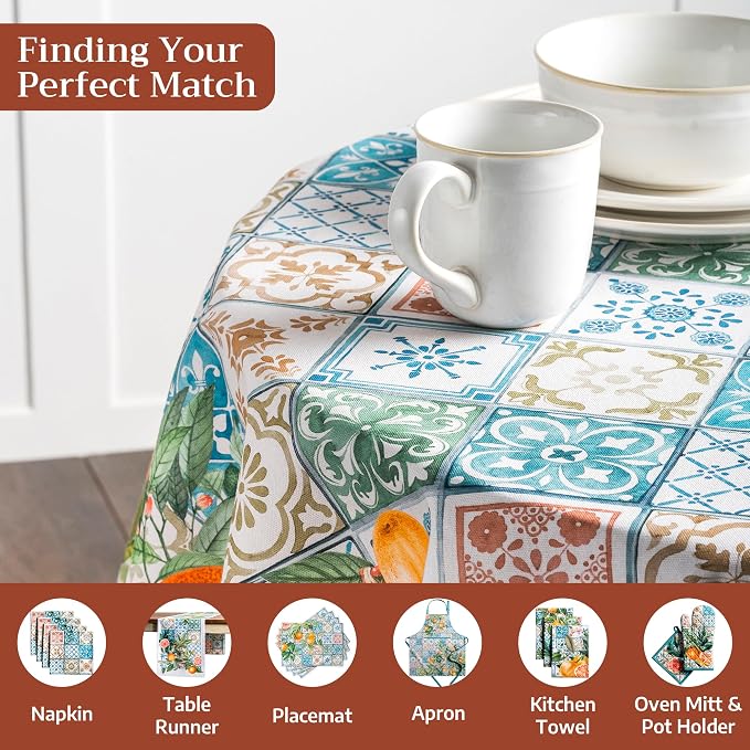 Maison d' Hermine Table Cloth Round Table 100% Cotton 63 Round Inches Tablecloth Reusable Decorative for Dining Kitchen Room Farmhouse Party Home Hotel Restaurant Spring Summer - Agrume