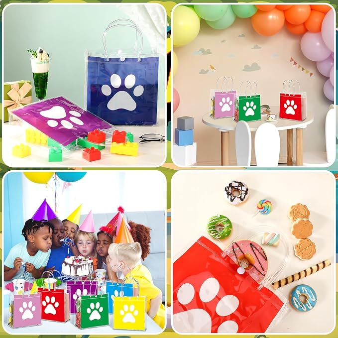 Teenyyou 24 Pcs Dog Paw Clear PVC Gift Bags with Handle Puppy Party Favor Reusable Plastic Wrap Tote Goodie Candy Treat Gift Bags Transparent for Puppy Pet Theme Birthday Party Supplies